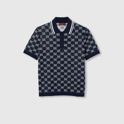 Gucci Gg Cotton Knit Jacquard Polo Shirt In Blue