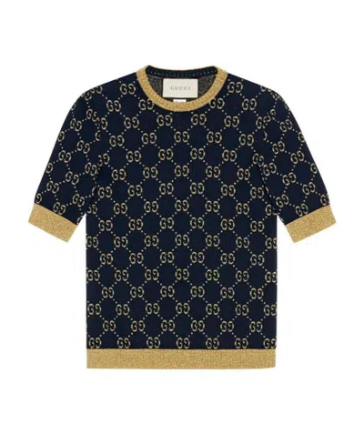 Gucci Gg Supreme Cotton & Lurex Knit Sweater In Blue,gold