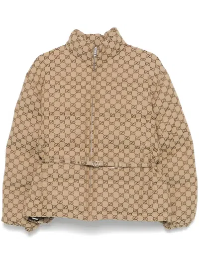 Gucci Belted Jacket In Beige Gg Fabric In Brown