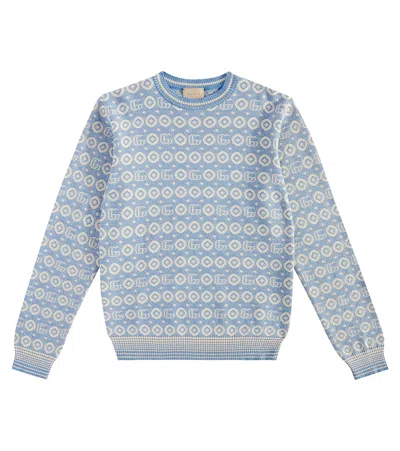 Gucci Kids' Gg Crewneck Cotton Jacquard Sweater In Blue
