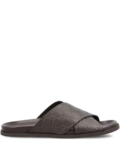 Gucci Interlocking G Criss Cross Flat Sandals In Brown