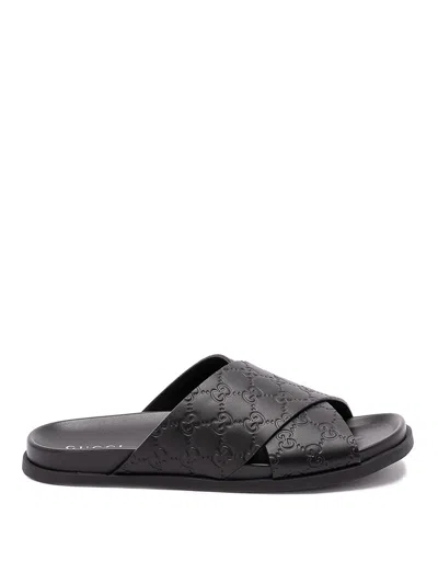 Gucci Leather Slide Sandals With Shaped Sole In Black