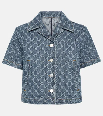 Gucci Gg-jacquard Short-sleeved Linen-denim Shirt In Multicolor