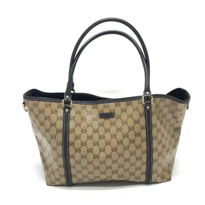 Pre-owned Gucci Gg Crystal Beige Brown Leather Coated Canvas Handbag Tote Bag () In Beige, Brown