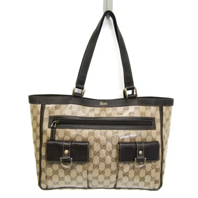 Pre-owned Gucci Gg Crystal Beige Dark Brown Leather Pvc Tote Bag ()