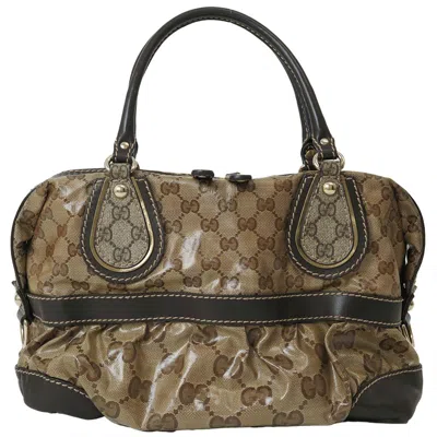 Pre-owned Gucci Gg Crystal Beige Dark Brown Pvc Leather Boston Bag Handbag () In Beige, Dark Brown