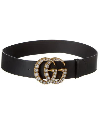 Gucci Gg Crystal Buckle Leather Belt In Black