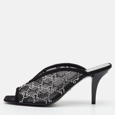 Pre-owned Gucci Gg Crystal Embellished Size 38 Black Mesh And Suede Mules
