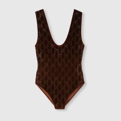 Gucci Gg Crystal Embroidered Bodysuit In Brown