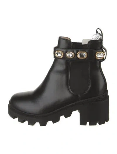 Pre-owned Gucci Gg Crystal Leather Chelsea Boots In Black