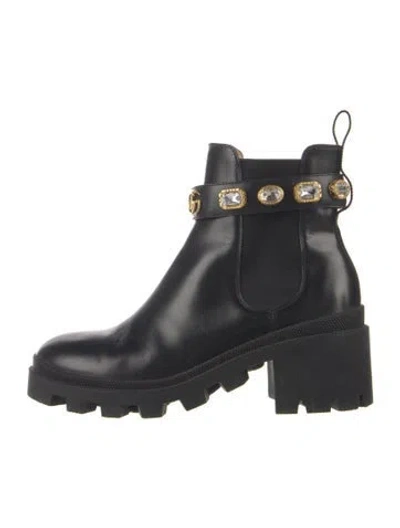 Pre-owned Gucci Gg Crystal Leather Moto Boots In Black