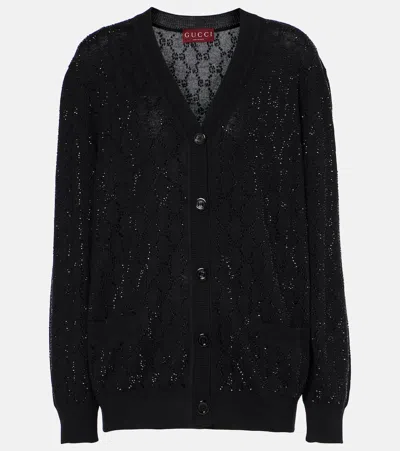 Gucci Gg Crystal Wool Cardigan In Black