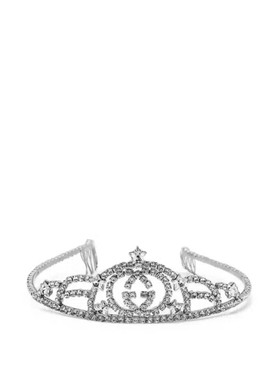Pre-owned Gucci Gg Crystal-embellished Hairband In Silver