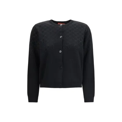 Gucci Gg Crystal-embellished Wool-blend Cardigan In Black