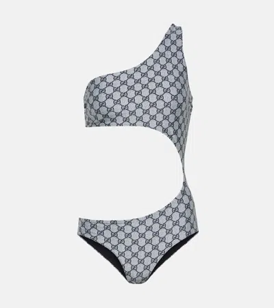 Gucci Gg Cutout One-shoulder Swimsuit In Gray