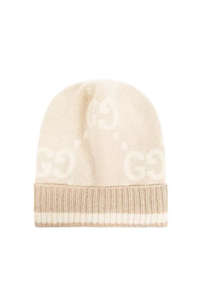 Gucci Gg Damier Jacquard Ribbed Knit Beanie In Camel
