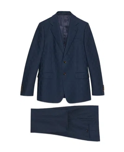 Gucci Gg Damier-jacquard Wool Suit In Blue