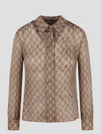 Gucci Gg Damier Print Silk Shirt In Brown