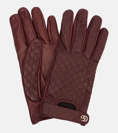 Gucci Gg Debossed Leather Gloves In Burgundy