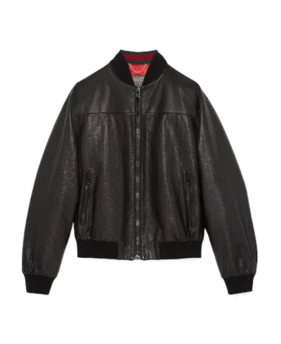 Gucci Gg Debossed-pattern Leather Bomber Jacket In Black