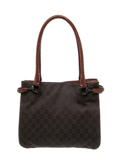Pre-owned Gucci Gg Denim Horsebit Gg Canvas & Leather Tote Vintage In Brown