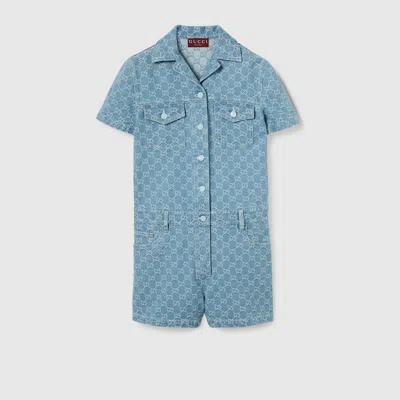 Gucci Gg Denim Jacquard Jumpsuit In Blue