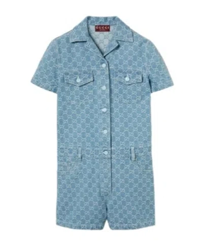 Gucci Gg Denim Jacquard Jumpsuit In Blue
