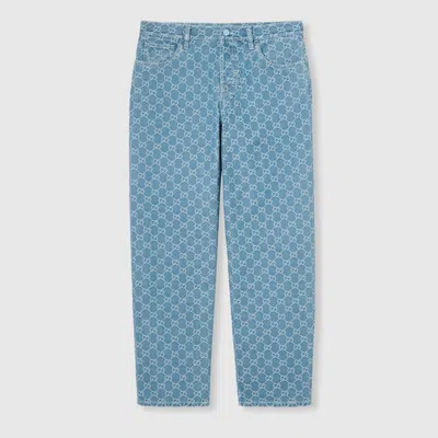 Gucci Gg Denim Jacquard Pants In Blue