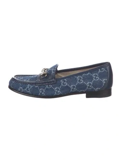 Pre-owned Gucci Gg Denim Leather Trim Embellishment Loafers In Blue