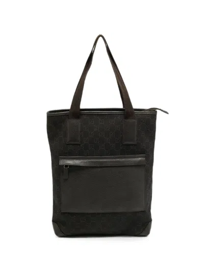 Pre-owned Gucci Gg Denim Leather-trim Tote Bag In Brown