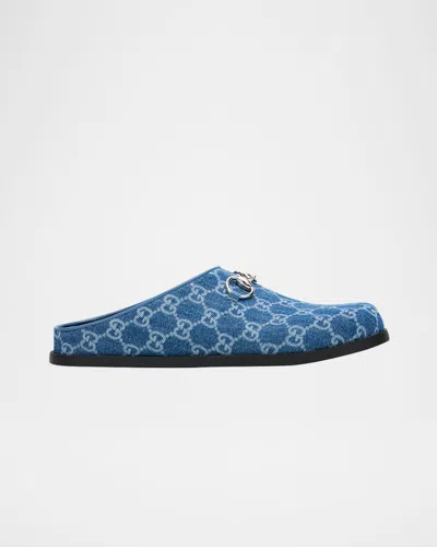 Gucci Gg Denim Mules With Horsebit In Blue