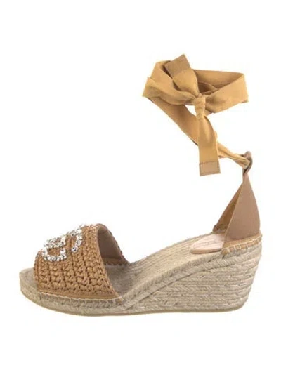 Pre-owned Gucci Gg Denim Raffia Espadrilles In Neutral