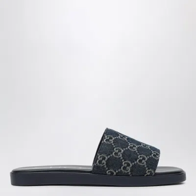 Gucci Gg Denim Slider Sandal With Mini Logo Detail In Blue