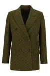 Gucci Green Double-breasted Jacket With Peak Revers In Gg Canvas Woman In Multi