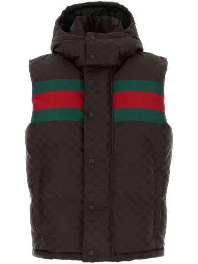 Gucci Men Dark Brown Gg Polyester Blend Sleeveless Down Jacket In Multi