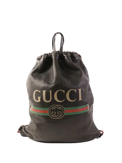 Pre-owned Gucci Gg Drawstring Leather Backpack In Black
