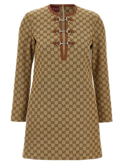 Gucci Cotton Blend Dress With All-over Gg Print In Brown