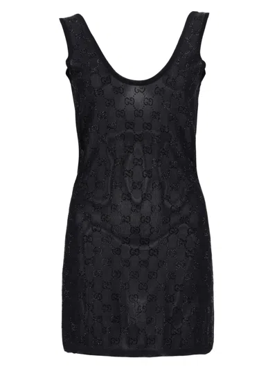 Gucci Gg Dress Embroidered With Crystals In Black