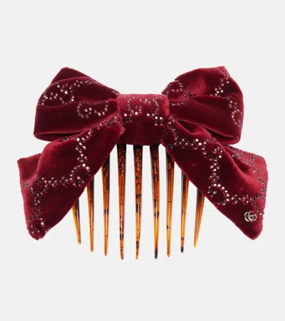 Gucci Gg Embellished Cotton Velvet Hair Comb In Burgundy