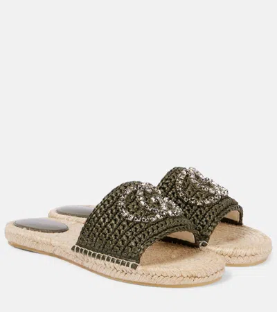 Gucci Gg Embellished Raffia Slides In Green