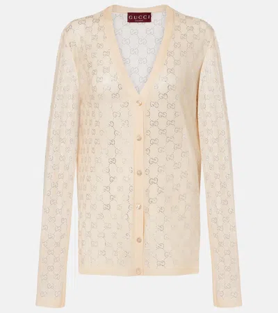 Gucci Gg Embellished Silk Cardigan In Sand