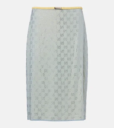 Gucci Gg Embellished Silk-blend Midi Skirt In Blue