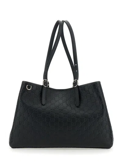 Gucci 'gg Emblem' Black Big Tote Bag With Two Top Handles And All-over Gg Embroidery In Leather Woma
