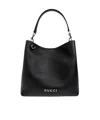 Gucci Gg Emblem Leather Bucket Bag With Frontal Logo In Black