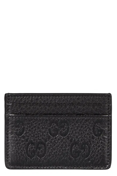 Gucci Gg Emblem Leather Card Holder In Black