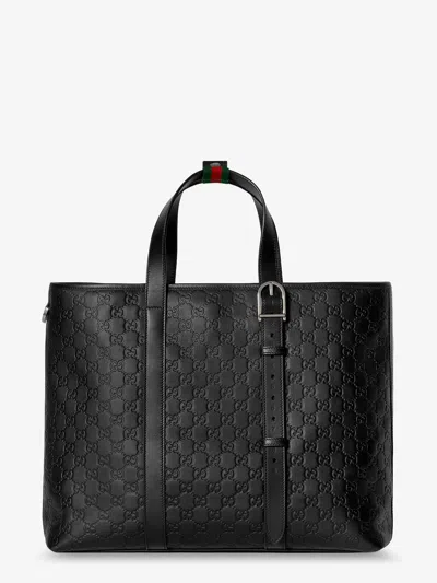 Gucci Gg Emblem  Leather Shopping Bag With Embossed Gg Motif In Black