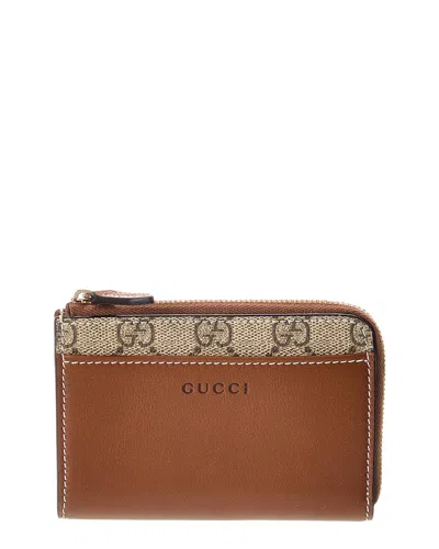 Gucci Gg Emblem Zip Gg Supreme Canvas & Leather Card Case In Brown