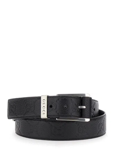GUCCI GUCCI MEN BLACK BELT WITH SQUARE BUCKLE AND ALL-OVER EMBOSSED GG LOGO IN GRAINED LEATHER MAN