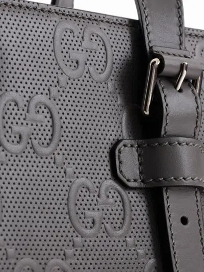 Pre-owned Gucci Gg Embossed Perforated Leather Medium Tote Bag In Grey
