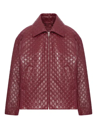 Gucci Oversized Leather Jacket Featuring Embossed Gg In Red